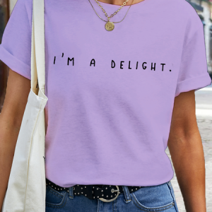 Woman's Funny Word I'm A Delight Printed Cotton T-Shirt, color:Purple|size:3XL, Lilicloth.com