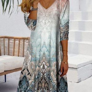Gradient Square Scarf Flower V-Neck Dress, Dresses, color:Multicolor|size:XXL, JustFashionNow