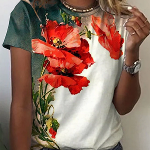 Floral Crew Neck Casual Short Sleeve T-Shirt, JustFashionNow T-Shirts, color:As Picture|size:XXL,