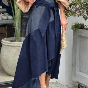 Regular Fit Casual Color Block Skirt, Denim Skirts, color:Blue|size:XXL, Noracora