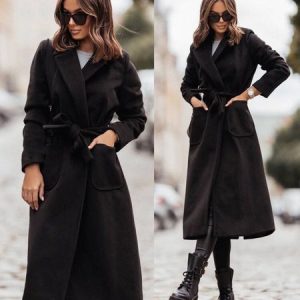 Shawl Collar Long Sleeve Plain Regular Loose Coat For Women, Coats, color:Black|size:XXL, Noracora