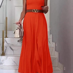 Regular Fit Square Neck Sleeveless Plain Elegant Long Dress, Maxi Dresses, color:Red|size:XXL, Stylewe