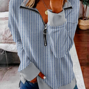 Casual V Neck Striped Sweatshirt, Hoodies & Sweatshirts, color:Blue|size:XXL, Noracora