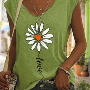 Casual Floral Pattern V Neck Cap Sleeve T-shirt, T-shirts, color:Green|size:XXL, Noracora