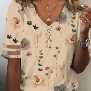 Casual Floral Loose T-Shirt, T-Shirts, color:Khaki|size:XXL, JustFashionNow