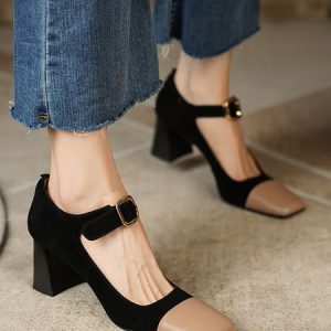 Suede Color Contrast Stitching Classic Chunky Heel Mary Jane Shoes, Pumps, color:Apricot|size:40, Stylewe