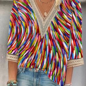Loose Casual V Neck Ombre Shirt, Shirts & Blouses, color:Red|size:XXL, JustFashionNow