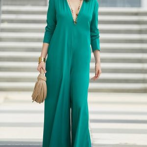 Urban Plain Loose V Neck Jumpsuit, Jumpsuits, color:Green|size:XXL, Stylewe