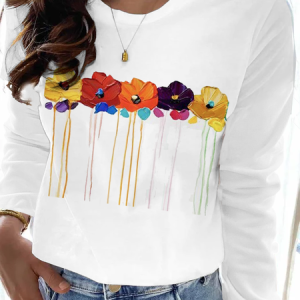 Crew Neck Floral Casual T-Shirt, T-Shirts, color:White|size:XXL, JustFashionNow