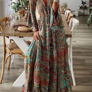 New Women Chic Vintage Boho Hippie Shift Holiday Floral 3/4 Sleeve Dress, Maxi, color:Blue|size:XXL, Noracora