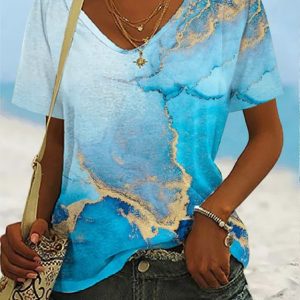 Country Casual Abstract Gradient Knitted T-Shirt, T-shirts, color:Blue|size:XXL, Noracora