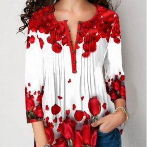 Floral V Neck Casual Regular Fit Buttoned Top, Tops, color:Red|size:XXL, JustFashionNow