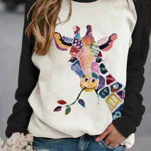JFN women Crew Neck Giraffe print Casual loose fit Sweatshirt, Sweatshirts & Hoodies, color:Black|size:XXL, JustFashionNow