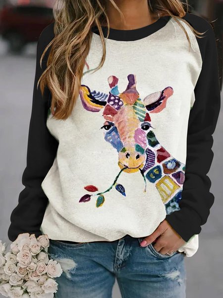 JFN women Crew Neck Giraffe print Casual loose fit Sweatshirt, Sweatshirts & Hoodies, color:Black|size:XXL, JustFashionNow