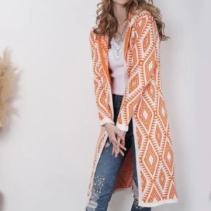 Women Wool/Knitting Geometric Long Sleeve Comfy Casual Cardigan, Cardigans, color:Orange|size:XXL, Noracora