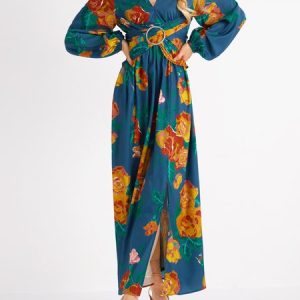 Vacation Long Sleeve Floral V Neck Regular Fit Maxi Dress, Dresses, color:Blue|size:XS, Stylewe