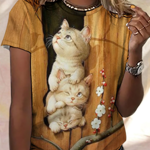 Women's Funny Cat Crew Neck Simple Loose T-Shirt, T-shirts, Lilicloth.com