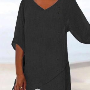 Women's Plain Short Sleeve Blouse_ Summer V Neck Daily Casual Top, JustFashionNow Shirts, color:Black|size:XXL,
