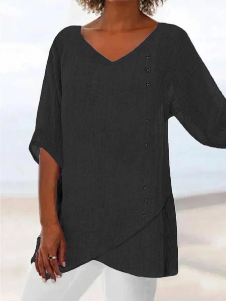 Women's Plain Short Sleeve Blouse_ Summer V Neck Daily Casual Top, JustFashionNow Shirts, color:Black|size:XXL,