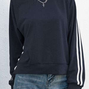 Casual Crew Neck Plain Sweatshirt Lace-up, Hoodies & Sweatshirts, color:Dark_blue|size:XL, Noracora