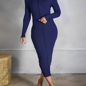 Tight Plain Long Sleeve Elegant Midi Dress, Midi Dresses, color:Blue|size:XXL, Stylewe