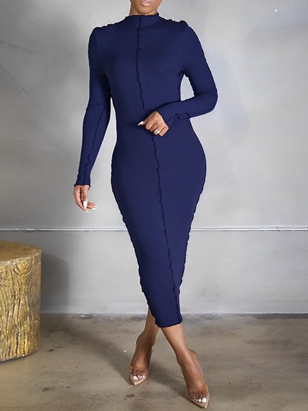 Tight Plain Long Sleeve Elegant Midi Dress, Midi Dresses, color:Blue|size:XXL, Stylewe