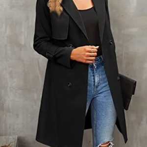 Lapel Collar Long Sleeve Plain Regular Loose Trench Coat For Women 2023, Trench coat, color:Black|size:XL, Noracora