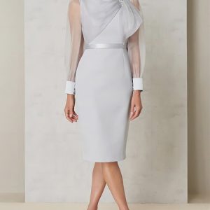 Plain Elegant Crew Neck Midi Long sleeve Wedding Party Dress, Wedding Guest Dresses, color:Gray|size:XXL, Stylewe