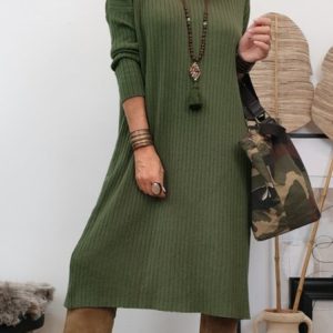 Plain Regular Fit V Neck Cotton-Blend Casual Dress, Dresses, color:Green|size:XXL, JustFashionNow