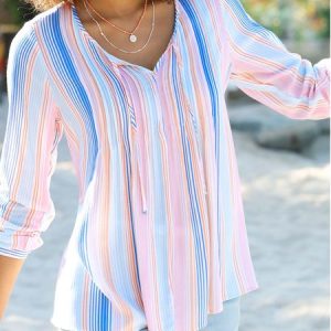 Striped Boho Blouse, Shirts & Blouses, color:Multicolor|size:XXL, JustFashionNow