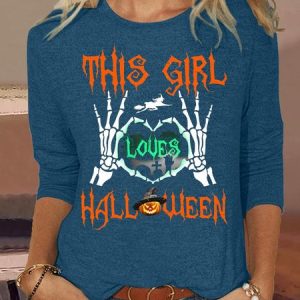 Women's Halloween Print Casual Cotton-Blend Shirt, color:Blue|size:3XL, Lilicloth.com