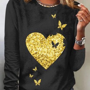 Casual Heart/Cordate Crew Neck Long Sleeve T-shirt, T-shirts, color:Black|size:5XL, Noracora