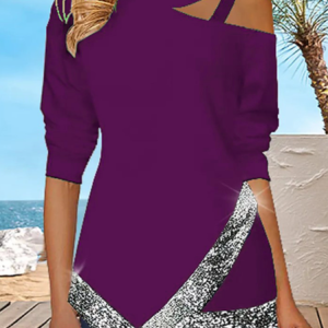 Crew Neck Long Sleeve Color Block Regular Micro-Elasticity Regular Fit Shirt For Women, Blouses, color:Purple|size:5XL, Noracora