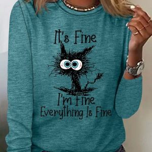 Women's Funny Grumpy Cat I'm Fine Lettter Casual Top, color:Green|size:3XL, Lilicloth.com