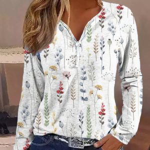 V Neck Loose Floral Casual T-Shirt, color:White|size:XXL, Lilicloth.com