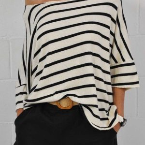 Loose Casual Cold Shoulder Striped T-Shirt, Tees, color:Black-white|size:XXL, Stylewe