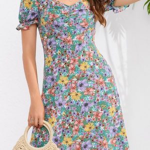 Women Floral V Neck Short Sleeve Comfy Elegant Short Dress, Short, color:Multicolor|size:XXL, Noracora
