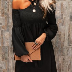 Long Sleeve Vintage Halter Solid Dress, Short, color:Black|size:3XL, Noracora