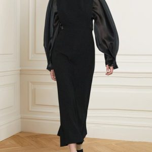 Crew Neck Plain Elegant Regular Fit Dress, Maxi Dresses, color:Black|size:XXL, Stylewe