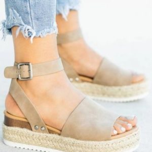 Vacation Leopard Snake Print Plain Straw Wedge Sandals, Sandals, color:Khaki|size:43, JustFashionNow