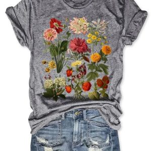 Women's Cottagecore Vintage Flowers Cotton Loose Simple Floral T-Shirt, color:Light Gray|size:3XL, Lilicloth.com