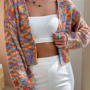 Women Wool/Knitting Color Block Long Sleeve Comfy Vintage Cardigan, Cardigans, color:flower|size:L, Noracora