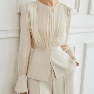 Regular Fit Plain Crew Neck Elegant Blouse, Blouses and Shirts, color:Cream|size:XS, Stylewe