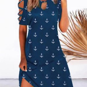 Anchor Casual Round Neck Short Sleeve A-line Dress, Short, color:Dark Blue|size:3XL, catalog Noracora shop