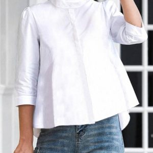 Loose Stand Collar Simple Plain Blouse, Blouses and Shirts, color:White|size:XS, Stylewe