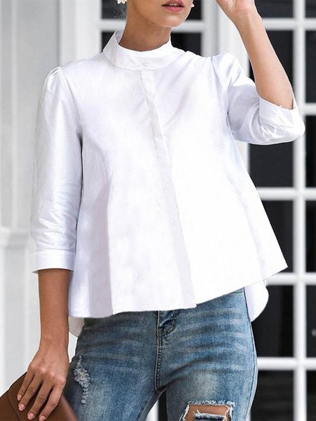 Loose Stand Collar Simple Plain Blouse, Blouses and Shirts, color:White|size:XS, Stylewe