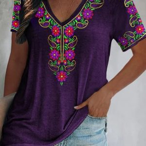 Plus Size V Neck Loose Knitted Ethnic T-Shirt, TOPS, color:Purple|size:4X, Noracora