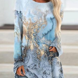 Crew Neck Holiday Sea Long Sleeve Top, T-Shirts, color:Blue|size:XXL, JustFashionNow