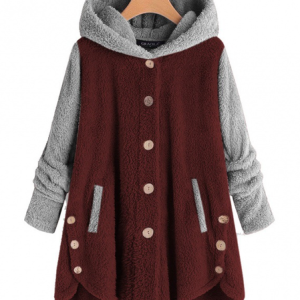 Long Sleeve Color Block Regular Loose Teddy Jacket For Women, Coats, color:Wine Red|size:5XL, Noracora
