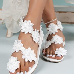 Elegant Floral Breathable Slip On Flat Heel Bridal Shoes Applique, Sandals, color:White|size:43, Noracora